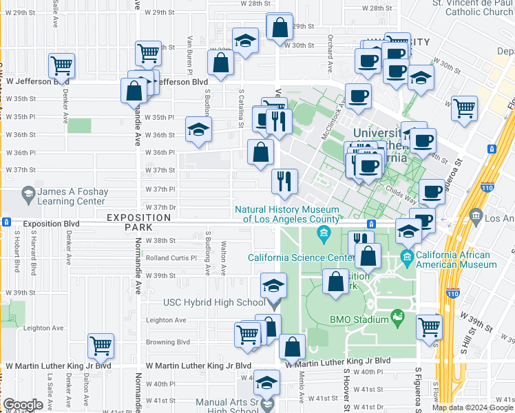 map of restaurants, bars, coffee shops, grocery stores, and more near 1043 West Exposition Boulevard in Los Angeles