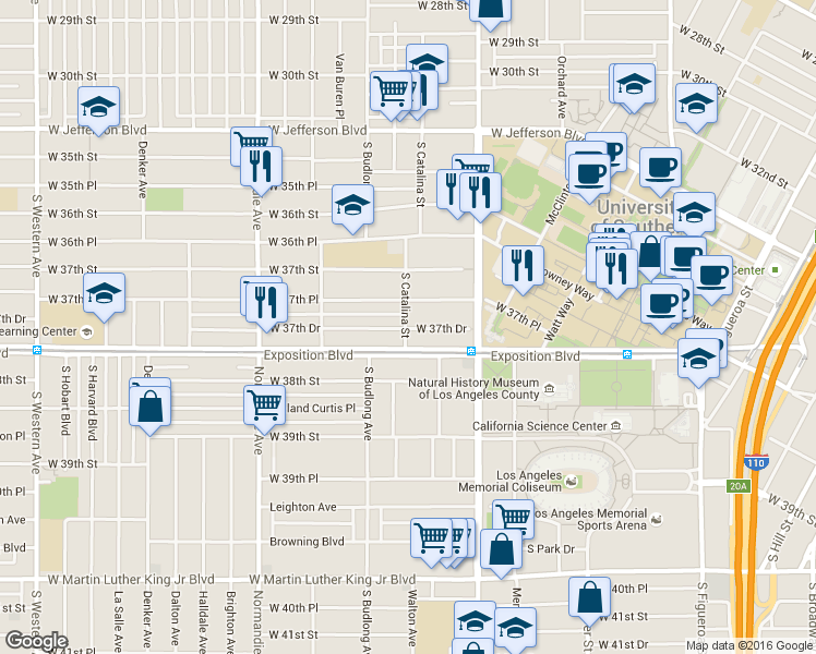 map of restaurants, bars, coffee shops, grocery stores, and more near 1205 West 37th Drive in Los Angeles