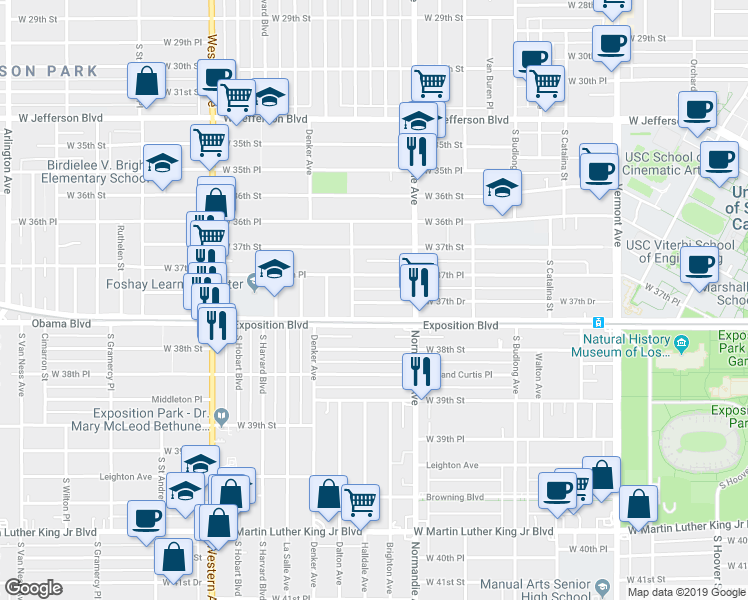 map of restaurants, bars, coffee shops, grocery stores, and more near 1351 Exposition Boulevard in Los Angeles