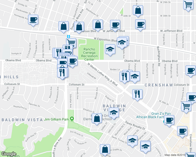map of restaurants, bars, coffee shops, grocery stores, and more near 4731 Coliseum Street in Los Angeles