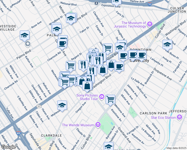 map of restaurants, bars, coffee shops, grocery stores, and more near 3861 Mentone Avenue in Culver City