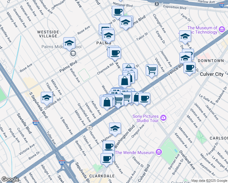 map of restaurants, bars, coffee shops, grocery stores, and more near 3745 Glendon Avenue in Los Angeles