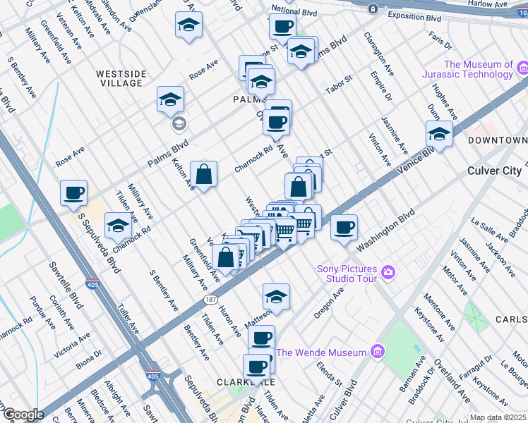map of restaurants, bars, coffee shops, grocery stores, and more near 3721 Westwood Boulevard in Los Angeles
