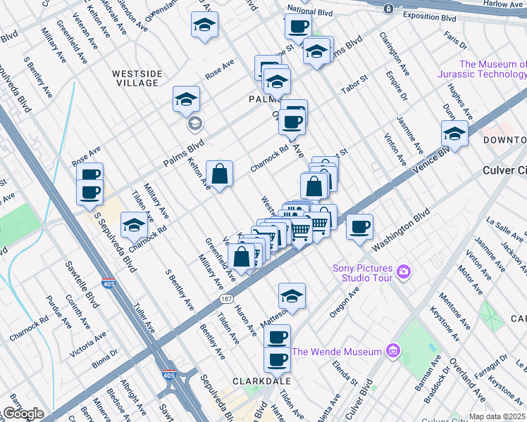 map of restaurants, bars, coffee shops, grocery stores, and more near 3721 Westwood Boulevard in Los Angeles
