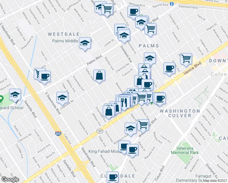 map of restaurants, bars, coffee shops, grocery stores, and more near 3671 Midvale Avenue in Los Angeles