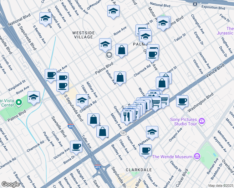 map of restaurants, bars, coffee shops, grocery stores, and more near 3648 Veteran Avenue in Los Angeles