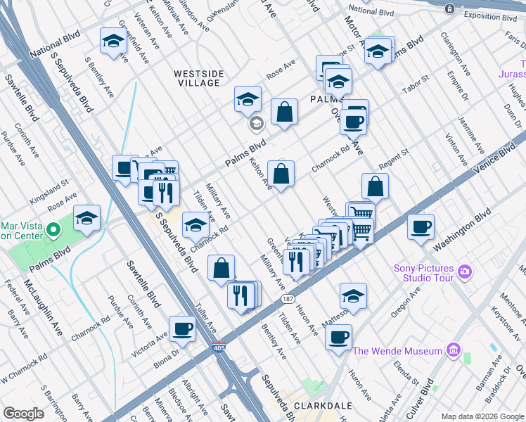 map of restaurants, bars, coffee shops, grocery stores, and more near 3621 Greenfield Avenue in Los Angeles