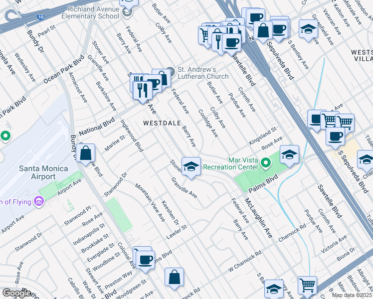 map of restaurants, bars, coffee shops, grocery stores, and more near 3245 South Barrington Avenue in Los Angeles