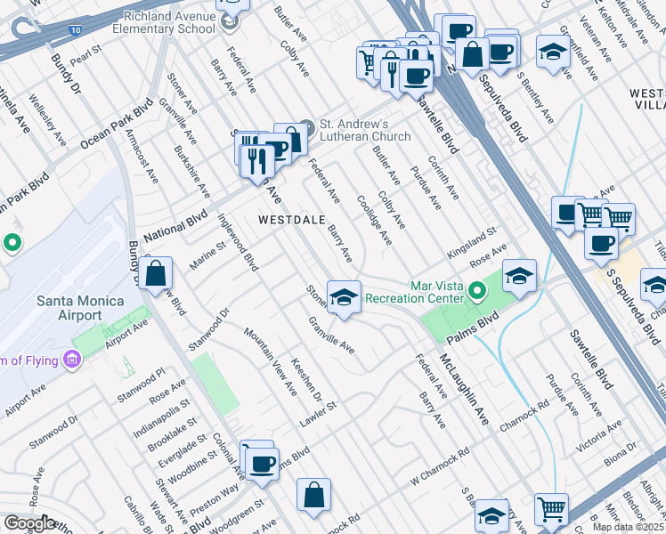 map of restaurants, bars, coffee shops, grocery stores, and more near 3245 South Barrington Avenue in Los Angeles