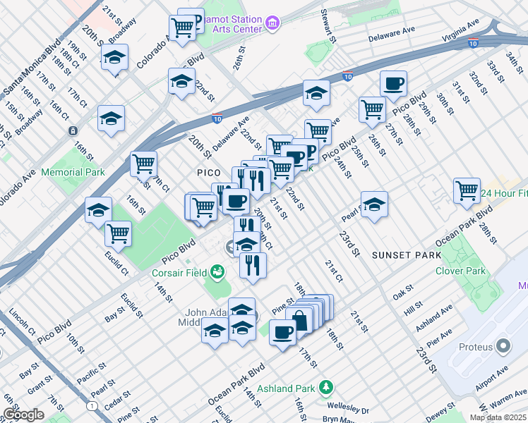 map of restaurants, bars, coffee shops, grocery stores, and more near 2201 20th Street in Santa Monica