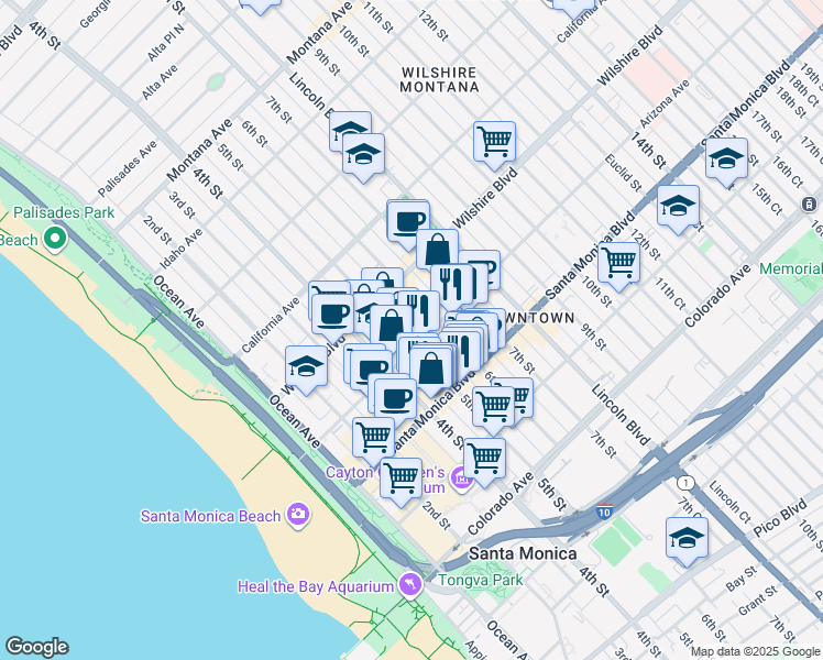 map of restaurants, bars, coffee shops, grocery stores, and more near 504 Arizona Avenue in Santa Monica