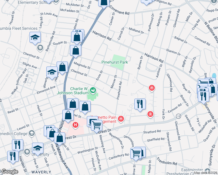map of restaurants, bars, coffee shops, grocery stores, and more near 2924 Chestnut Street in Columbia