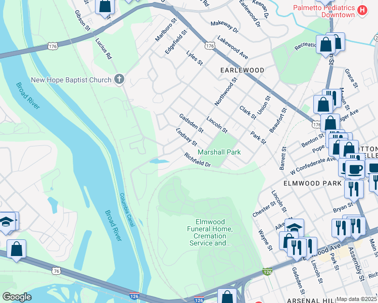 map of restaurants, bars, coffee shops, grocery stores, and more near 3005 Richfield Drive in Columbia