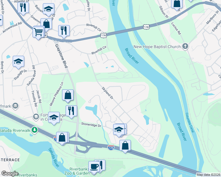 map of restaurants, bars, coffee shops, grocery stores, and more near 700 Skyland Drive in Columbia