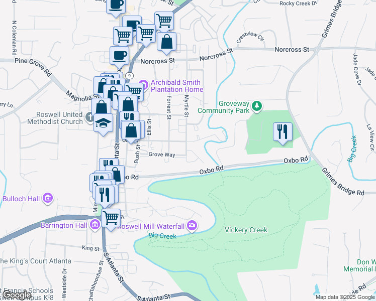 map of restaurants, bars, coffee shops, grocery stores, and more near 61 Myrtle Street in Roswell