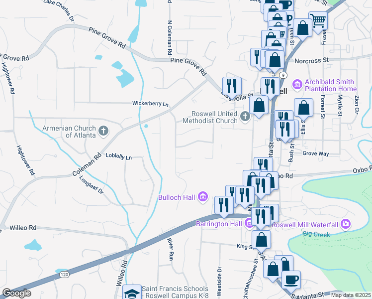 map of restaurants, bars, coffee shops, grocery stores, and more near 125 Roswell Farms Lane in Roswell