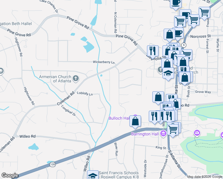 map of restaurants, bars, coffee shops, grocery stores, and more near 215 Roswell Farms Drive in Roswell