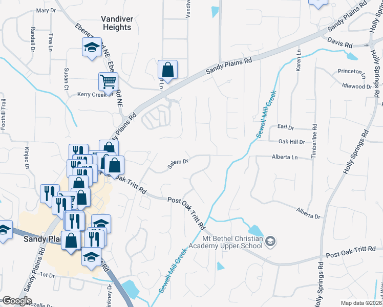 map of restaurants, bars, coffee shops, grocery stores, and more near 2330 Salem Drive in Marietta