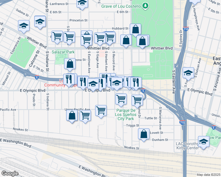 map of restaurants, bars, coffee shops, grocery stores, and more near 4211 East Olympic Boulevard in Los Angeles