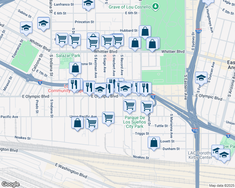 map of restaurants, bars, coffee shops, grocery stores, and more near 4169 East Olympic Boulevard in Los Angeles