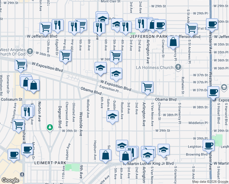map of restaurants, bars, coffee shops, grocery stores, and more near 2432 Exposition Place in Los Angeles