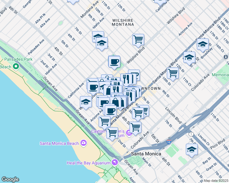 map of restaurants, bars, coffee shops, grocery stores, and more near 1241 5th Street in Santa Monica