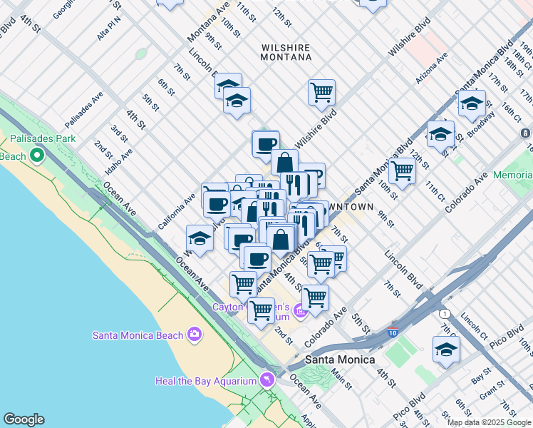 map of restaurants, bars, coffee shops, grocery stores, and more near 504 Arizona Avenue in Santa Monica