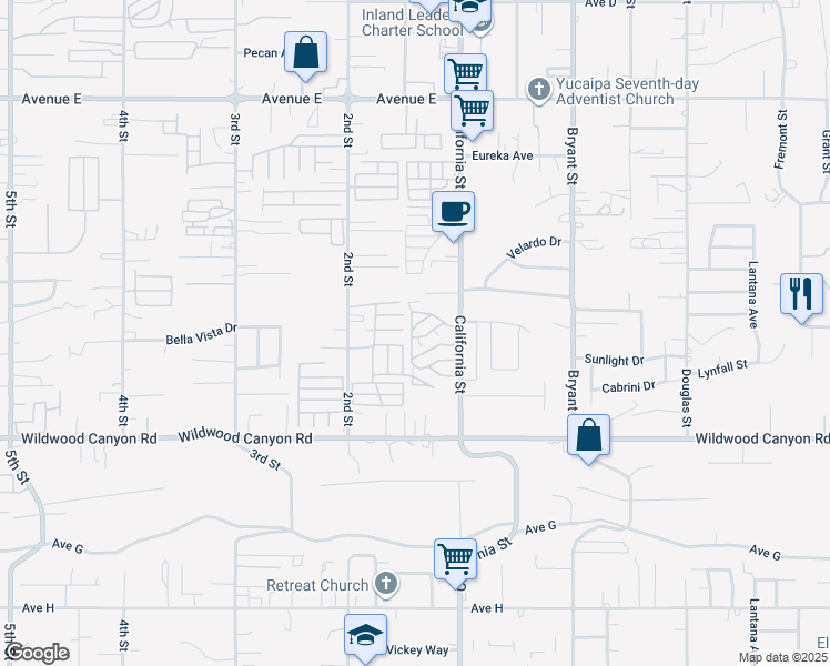 map of restaurants, bars, coffee shops, grocery stores, and more near 12874 California Street in Yucaipa