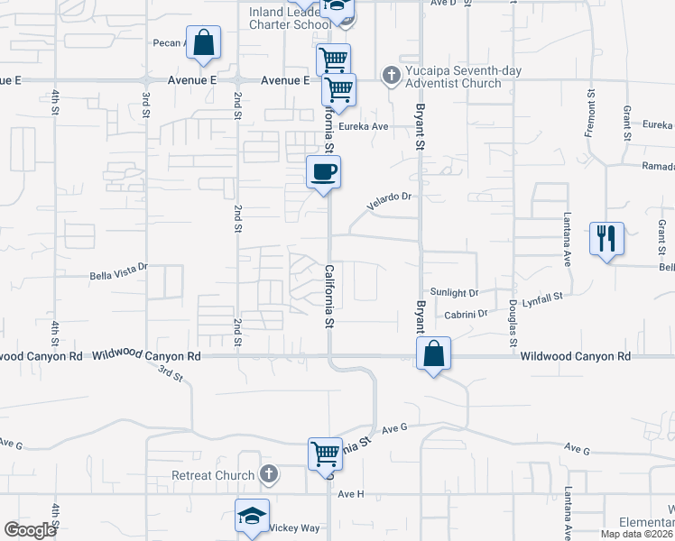 map of restaurants, bars, coffee shops, grocery stores, and more near 12913 California Street in Yucaipa
