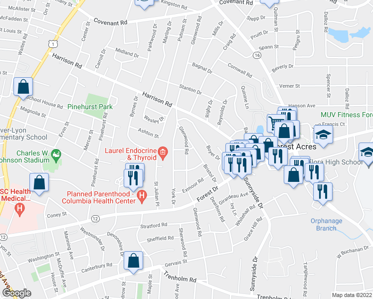 map of restaurants, bars, coffee shops, grocery stores, and more near Essex Road in Columbia