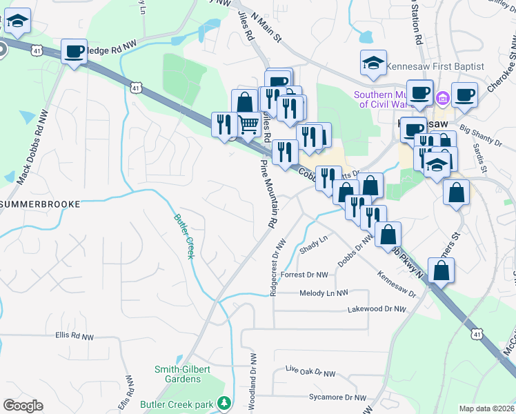 map of restaurants, bars, coffee shops, grocery stores, and more near 2628 Laurel Lane Northwest in Kennesaw