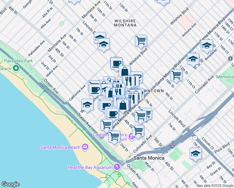 map of restaurants, bars, coffee shops, grocery stores, and more near 504 Arizona Avenue in Santa Monica