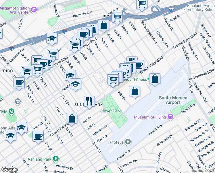 map of restaurants, bars, coffee shops, grocery stores, and more near in Santa Monica