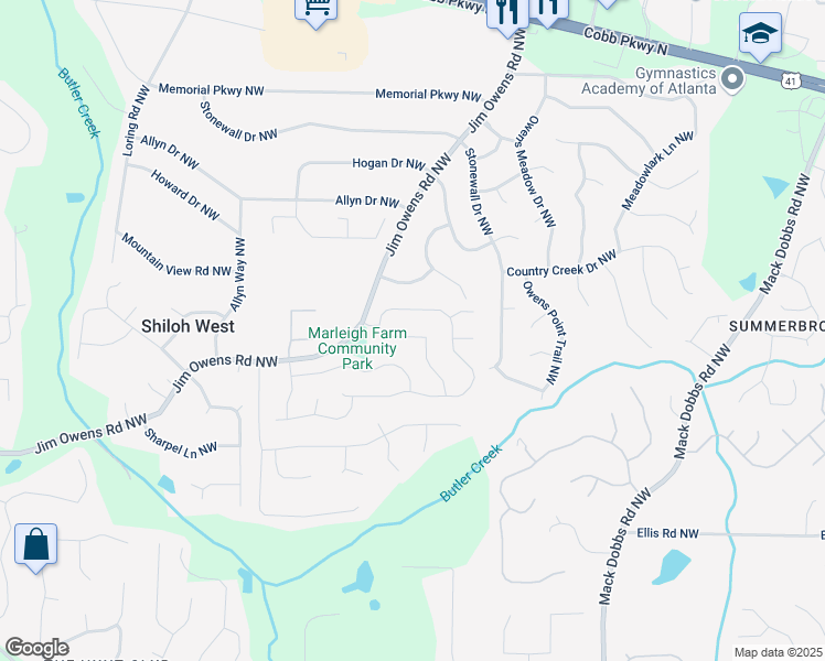 map of restaurants, bars, coffee shops, grocery stores, and more near 2654 Marleigh Farm Road Northwest in Kennesaw