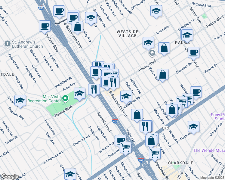 map of restaurants, bars, coffee shops, grocery stores, and more near 3517 South Sepulveda Boulevard in Los Angeles