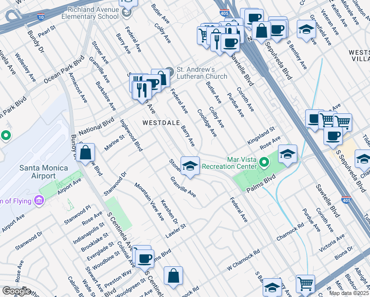 map of restaurants, bars, coffee shops, grocery stores, and more near 3245 South Barrington Avenue in Los Angeles