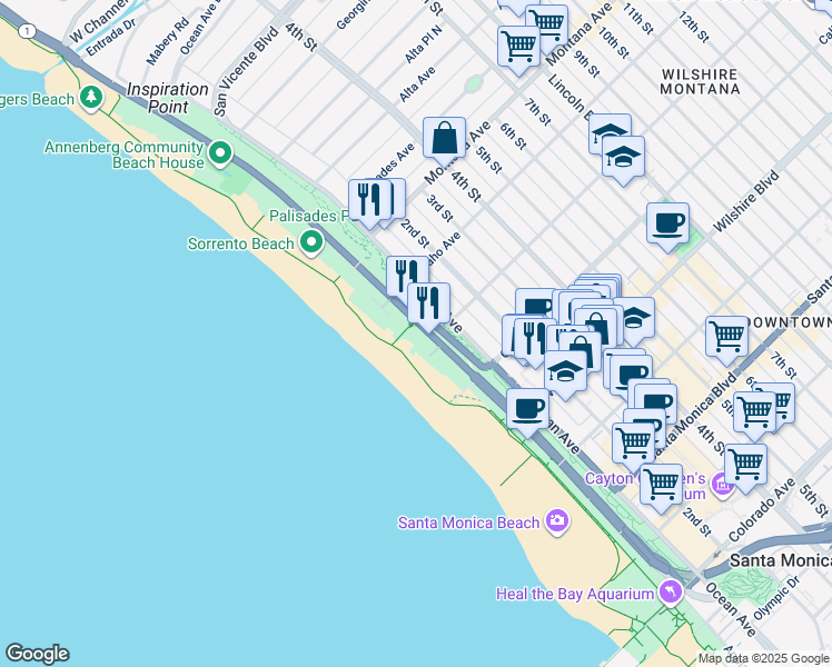 map of restaurants, bars, coffee shops, grocery stores, and more near 938 Palisades Beach Road in Santa Monica