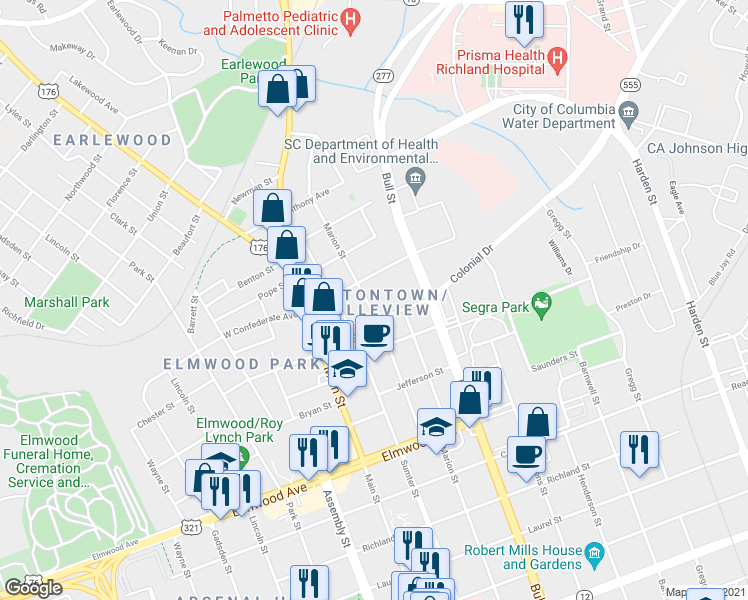 map of restaurants, bars, coffee shops, grocery stores, and more near 2416 Marion Street in Columbia