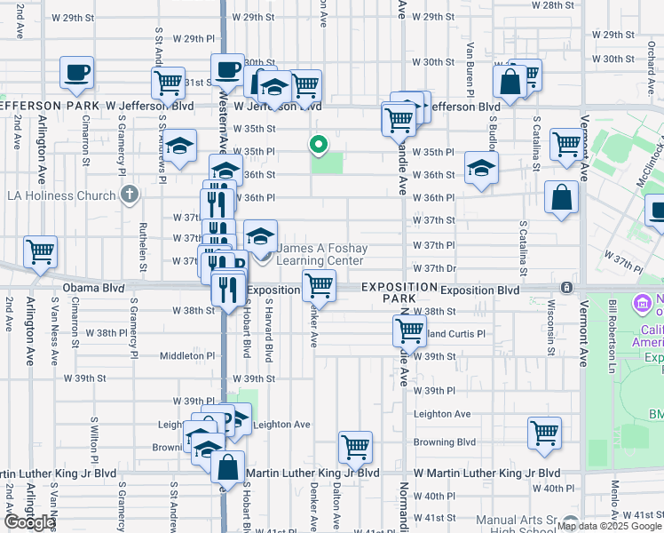 map of restaurants, bars, coffee shops, grocery stores, and more near 3748 Dalton Avenue in Los Angeles