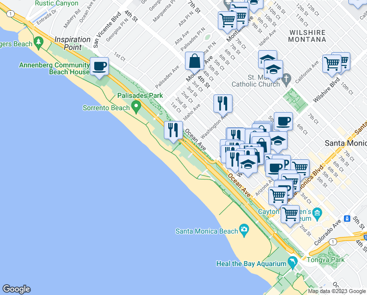 map of restaurants, bars, coffee shops, grocery stores, and more near 940 Palisades Beach Road in Santa Monica