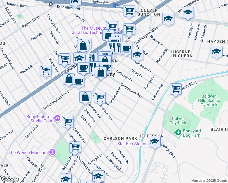 map of restaurants, bars, coffee shops, grocery stores, and more near in Culver City