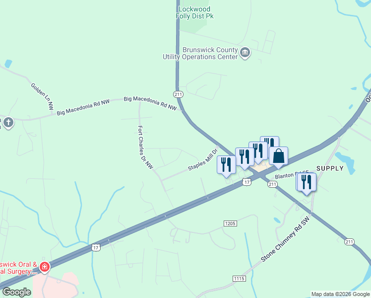 map of restaurants, bars, coffee shops, grocery stores, and more near 131 Green Swamp Rd NW in Brunswick