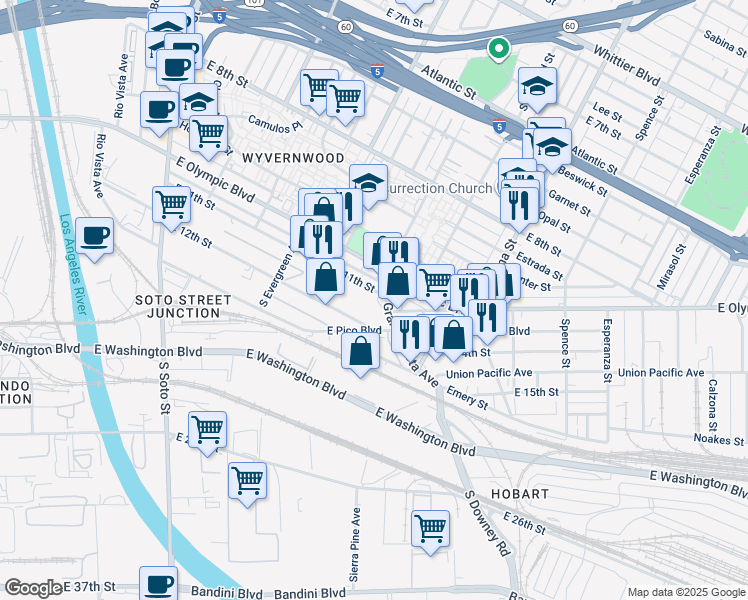 map of restaurants, bars, coffee shops, grocery stores, and more near 1451 South Grande Vista Avenue in Los Angeles