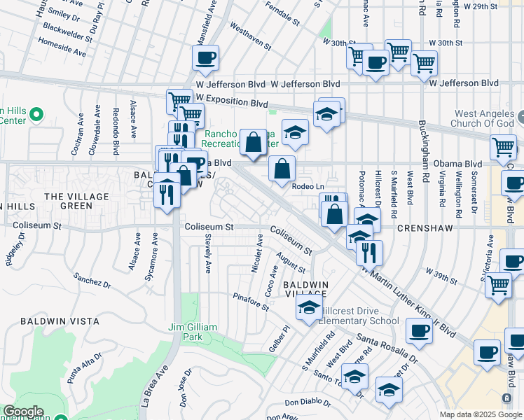 map of restaurants, bars, coffee shops, grocery stores, and more near 4731 Coliseum Street in Los Angeles