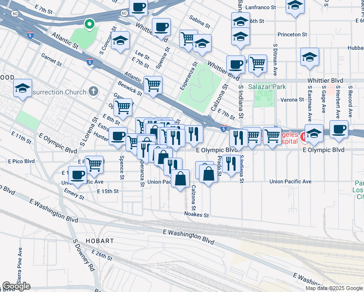 map of restaurants, bars, coffee shops, grocery stores, and more near 3686 East Olympic Boulevard in Los Angeles