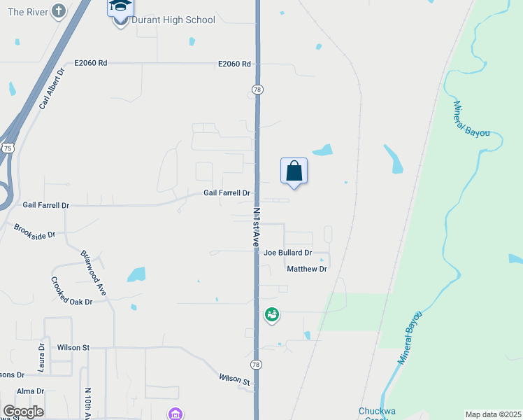 map of restaurants, bars, coffee shops, grocery stores, and more near 2896 North 1st Avenue in Durant