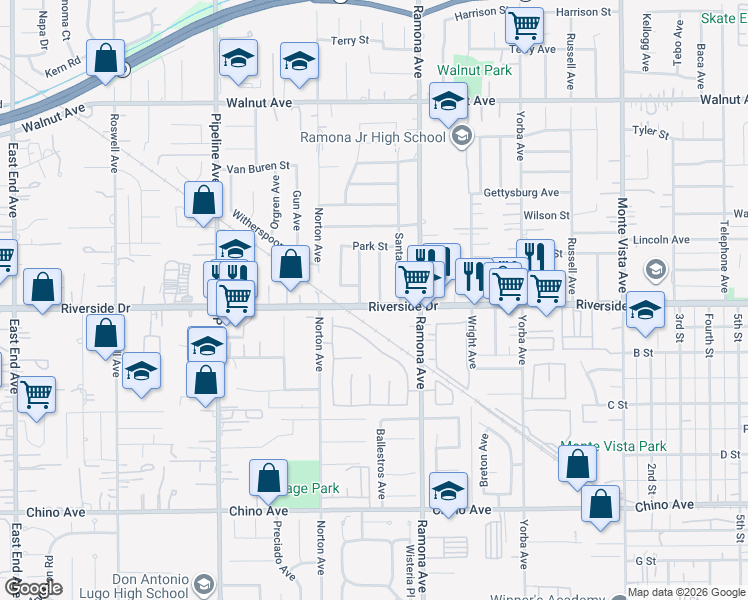 map of restaurants, bars, coffee shops, grocery stores, and more near 12890 Harmony Avenue in Chino