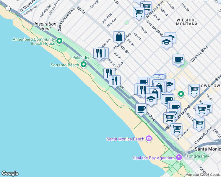 map of restaurants, bars, coffee shops, grocery stores, and more near 936 Palisades Beach Road in Santa Monica