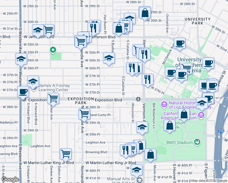 map of restaurants, bars, coffee shops, grocery stores, and more near 1237 West 37th Drive in Los Angeles