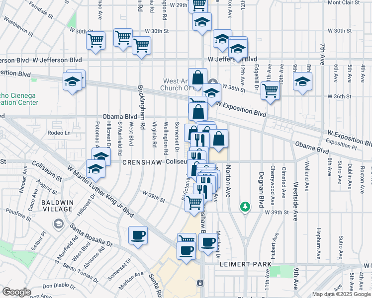 map of restaurants, bars, coffee shops, grocery stores, and more near 3747 South Victoria Avenue in Los Angeles